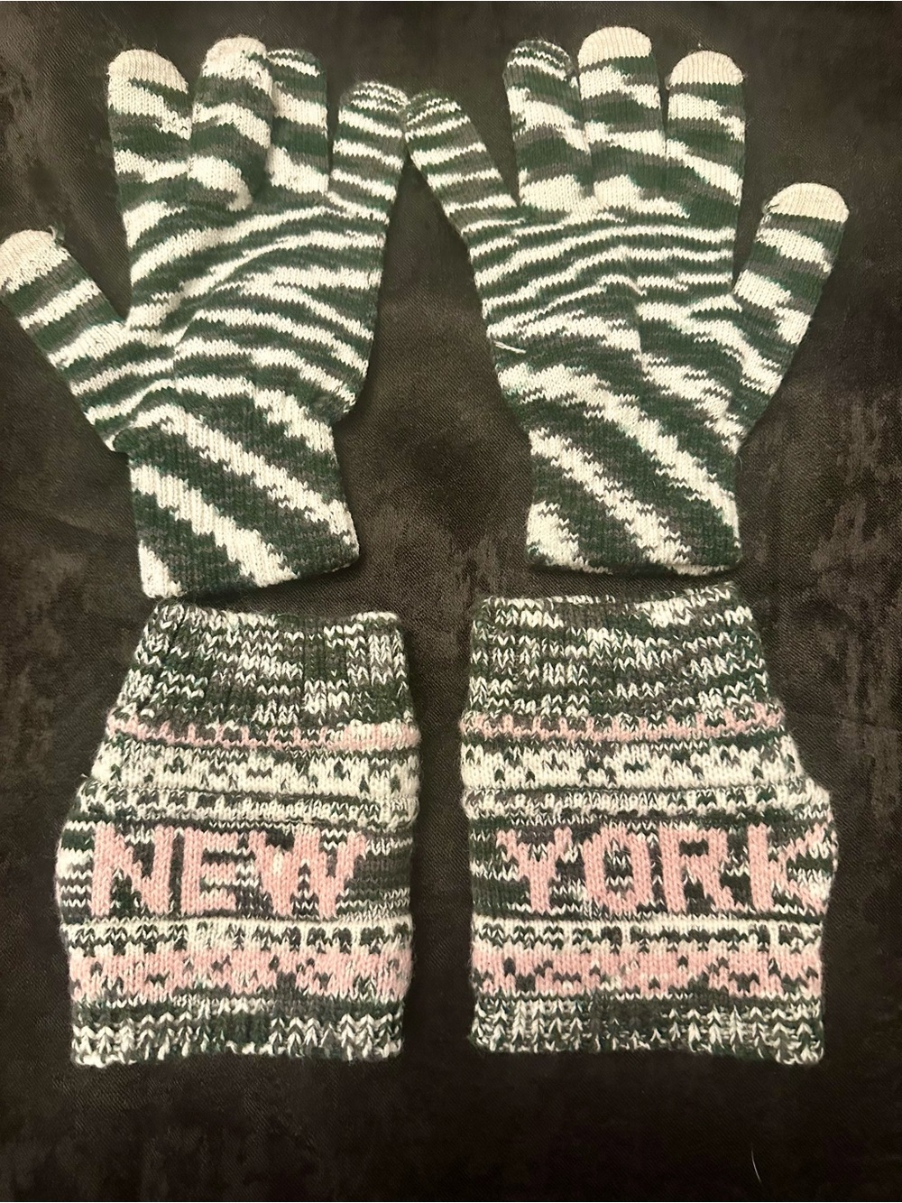 New York Knit Gloves and Wrist Warmers - Green, White & Pink